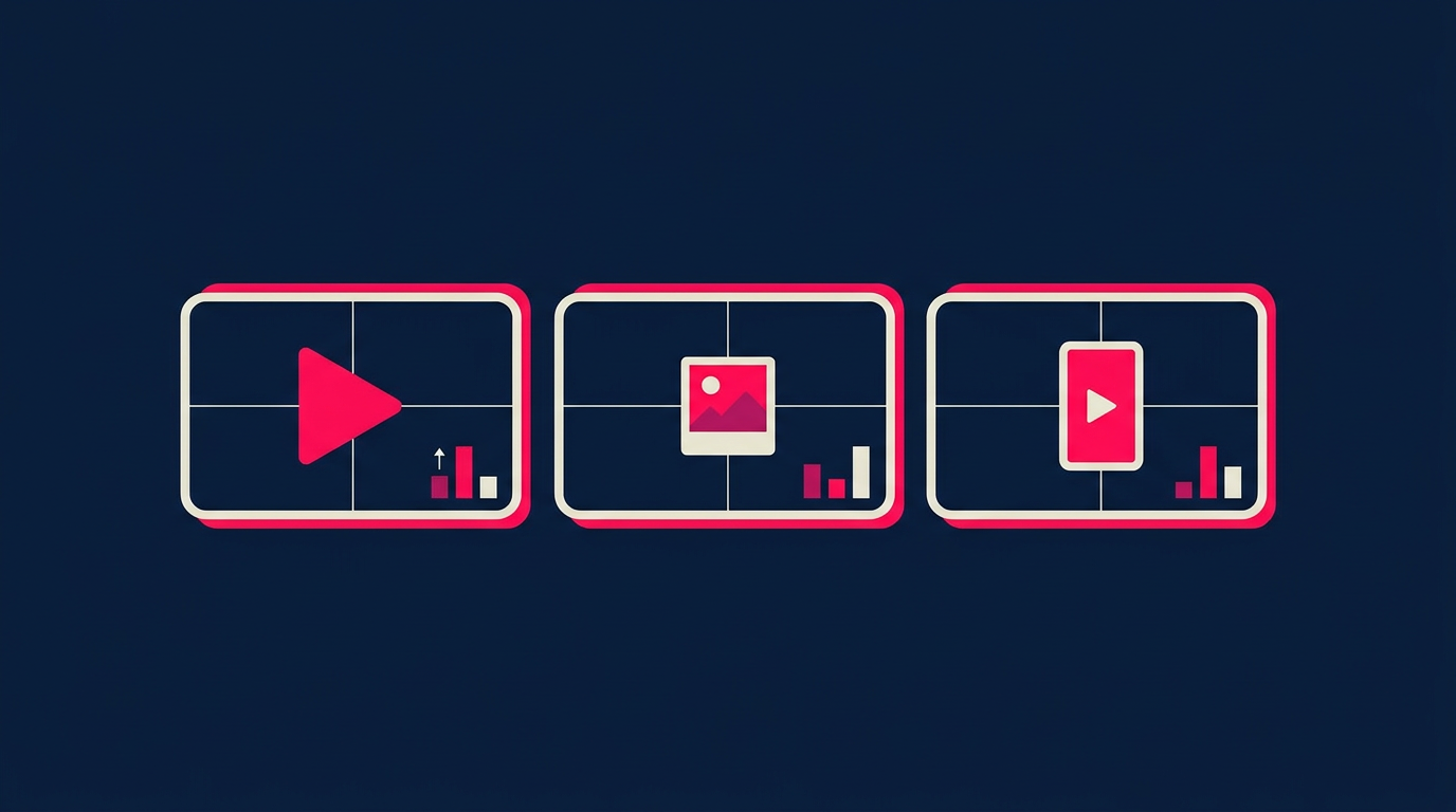 Comparativa visual de tres plataformas —video largo, foto y video corto vertical— con barras de impresiones y clics de cada una en la búsqueda de Google