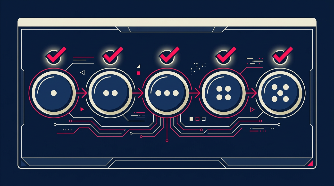 Diagrama horizontal de cinco pasos conectados por flechas para activar platform properties en Google Search Console, cada uno con un check de completado